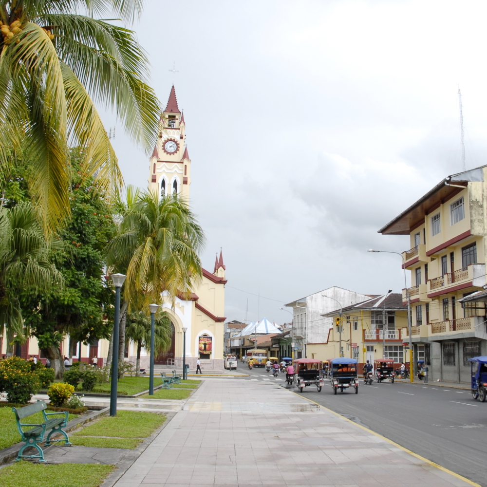 Street near Plaza de Armas (“Weapons’ Square”) in Iquitos, Peru.